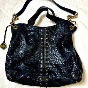 MICHAEL KORS Uptown Astor Black Leather Studded Grommet Shoulder Bag.